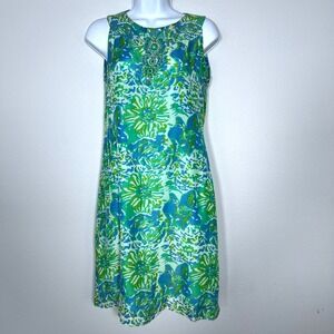 Bella Tu Womens Shift Dress Sz XS Floral Beaded Colorful Resort Summer Brunch